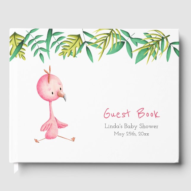 Libro De Visitas Flamingo Rosado Tropical Baby Shower Botánico (Anverso)