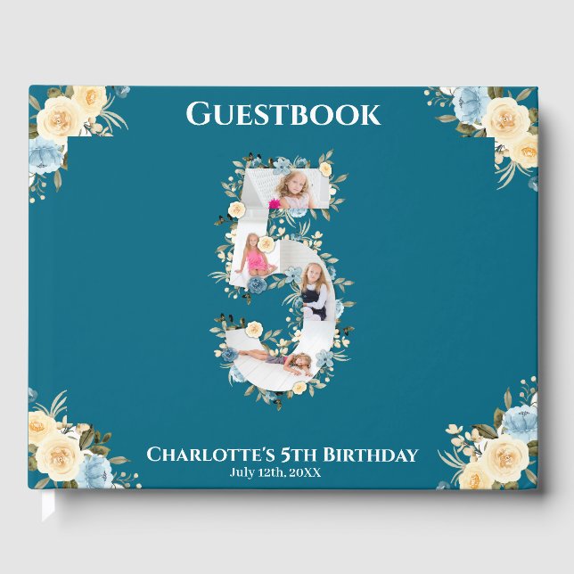 Libro De Visitas Flor 5 cumpleaños Collage de fotos Verde azulado a (Anverso)
