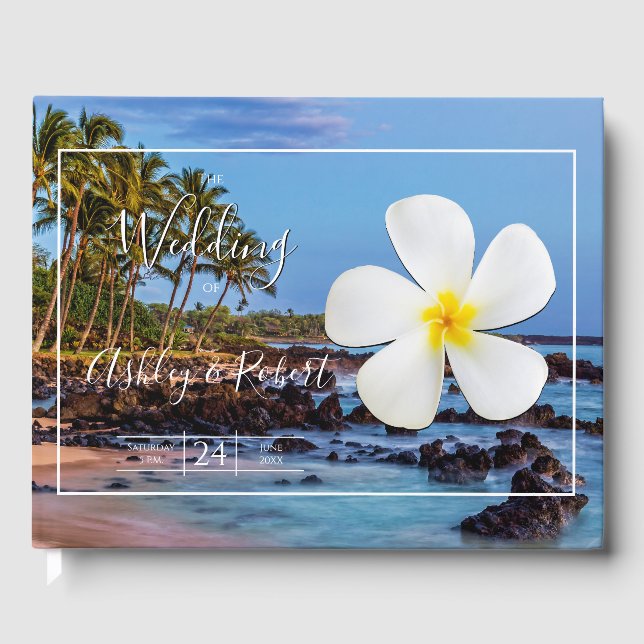 Libro De Visitas Flor blanca de Plumeria con playa tropical, Boda (Anverso)
