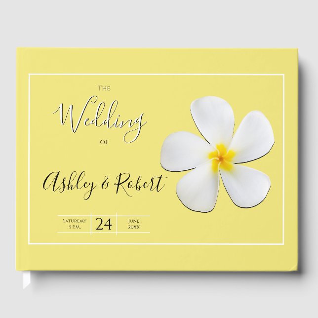 Libro De Visitas Flor blanca de Plumeria en Boda amarillo y moderno (Anverso)