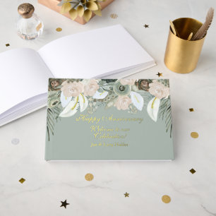 Libro De Visitas Flor de aniversario de Sage y Cream Relieve metali