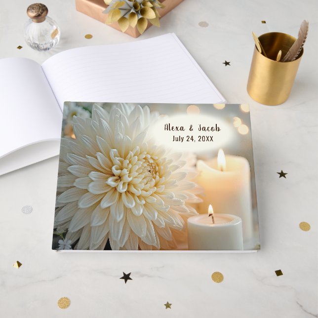 Libro De Visitas Flor de Crisantemo y Velas de Boda (Anverso Abierto)