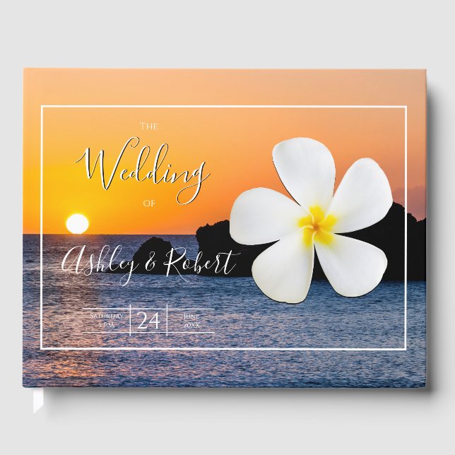 Libro De Visitas Flor de Plumeria Blanca con atardecer dorado, Boda (Anverso)