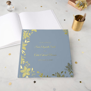 Libro De Visitas Flor elegante a rayas en hoja de oro sobre azul po