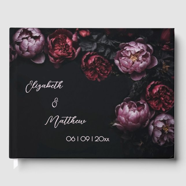 Libro De Visitas Flor negra brillante rosa | Boda (Anverso)