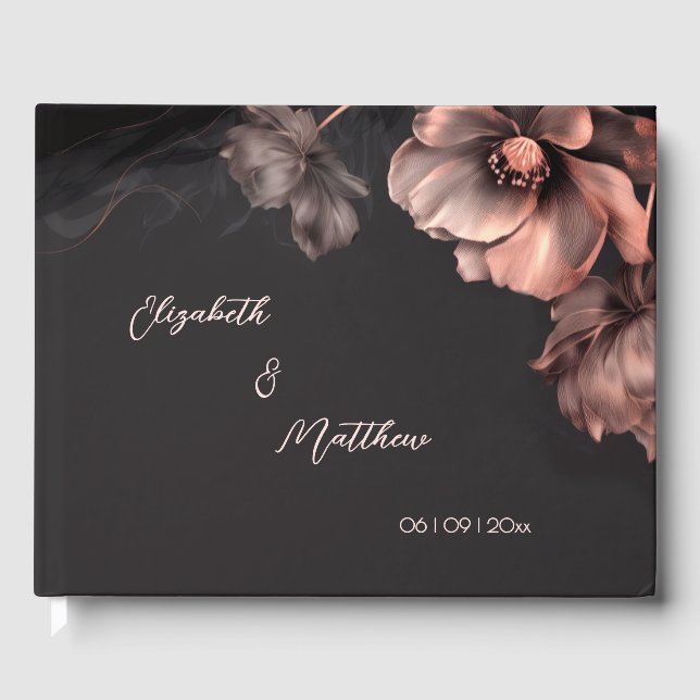 Libro De Visitas Flor Rosa Brillante Negra | Boda (Anverso)
