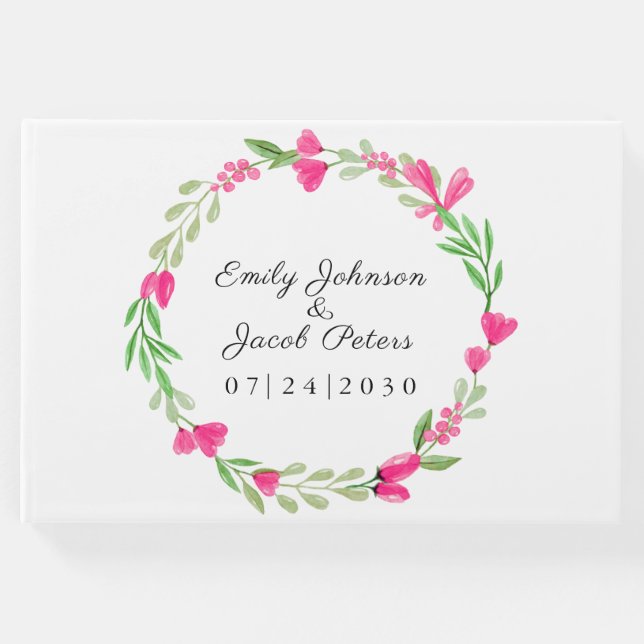 Libro De Visitas Flor rosa Wreath Elegante Boda blanco floral (Anverso)