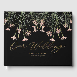 Libro De Visitas Flor salvaje elegante Boda negra y de oro