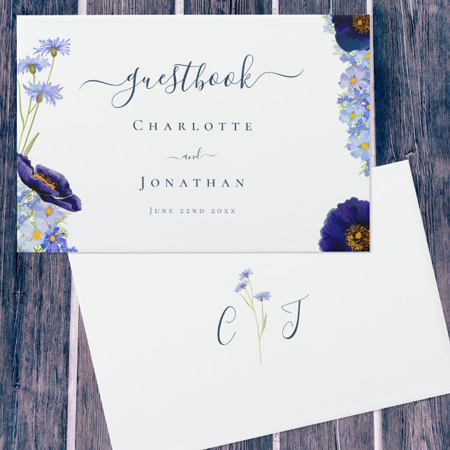 Libro De Visitas Flor Silvestre Azul Moderna (original wildflower watercolor art by artist Catherine Sweetman with elegant typography script)