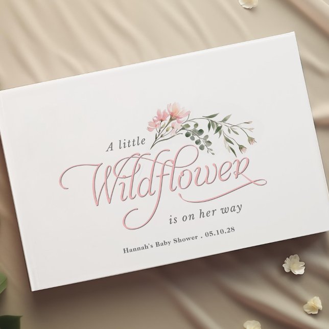 Libro De Visitas Flor silvestre rosa elegante, simple ducha de bebé (Simple elegant calligraphy, little wildflower themed baby girl shower guest book.)