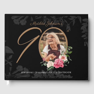 Libro De Visitas Floral 90 cumpleaños elegante Personalizado de oro