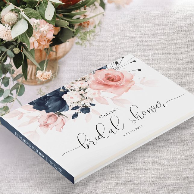Libro De Visitas Floral azul marino y Rubor rosa ducha de novia (Subido por el creador)