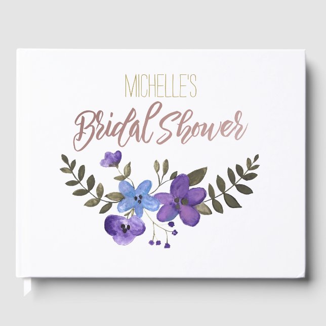 Libro De Visitas Floral azul púrpura con ducha de novia con nombre (Anverso)