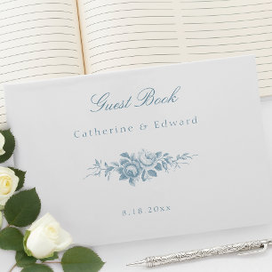 Libro De Visitas Floral azul y blanco clásico elegante