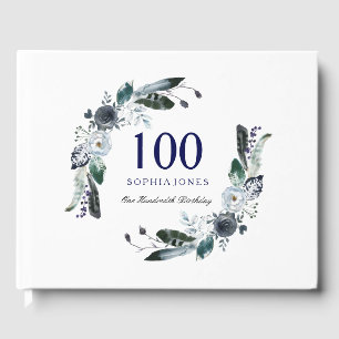 Libro De Visitas Floral blanca azul marino 100 cumpleaños
