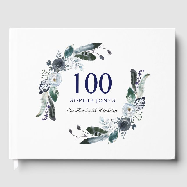 Libro De Visitas Floral blanca azul marino 100 cumpleaños (Anverso)