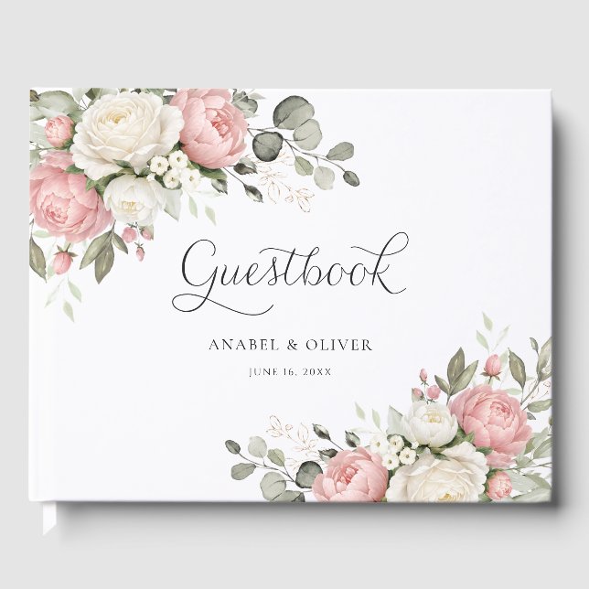Libro De Visitas Floral Blush Pink Greenery Wedding Guestbook (Anverso)