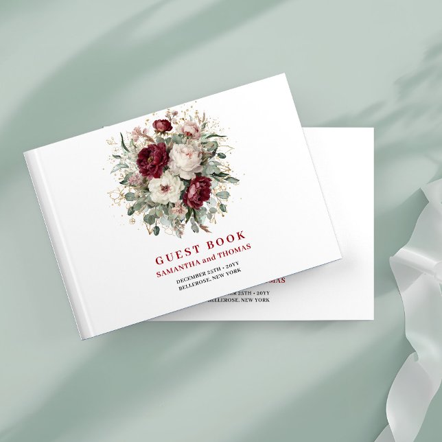 Libro de Visitas Floral de Eucalipto Rojo Intenso  (Premium Deep Red Floral Eucalyptus Guest Book)