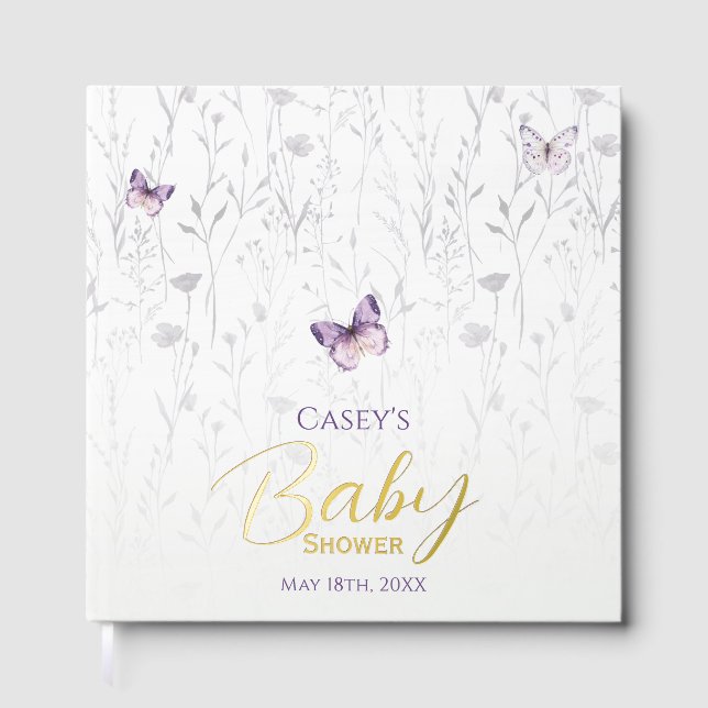Libro De Visitas Floral de mariposa Baby Shower Purple Boho (Anverso)