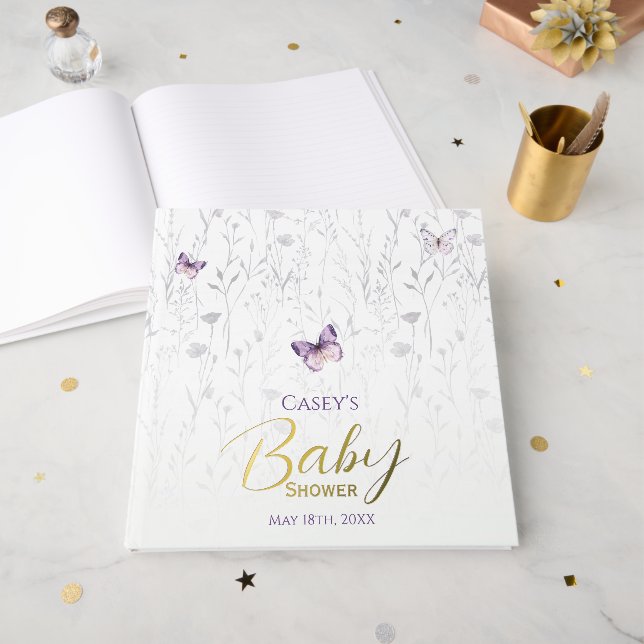 Libro De Visitas Floral de mariposa Baby Shower Purple Boho (Anverso Abierto)