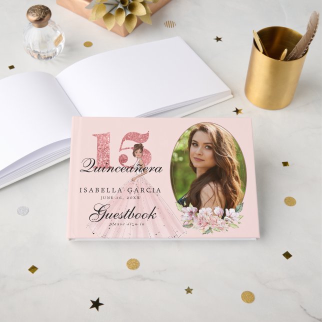 Libro De Visitas Floral de oro Rosa y foto Quinceañera personalizad (Anverso Abierto)