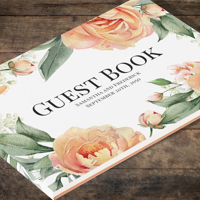 Libro De Visitas Floral elegante de yegua de bodas (Peach floral Wedding guest book.)