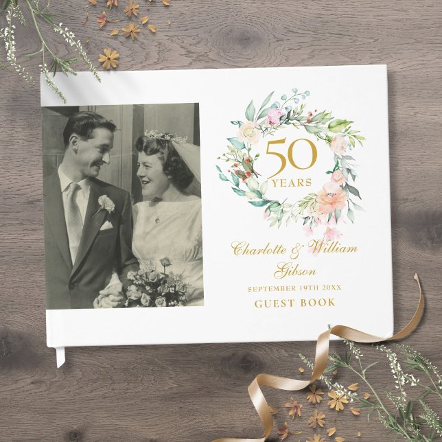 Libro De Visitas Floral Garland 50º aniversario del Boda foto (Floral Garland 50th Wedding Anniversary Photo Guest Book)