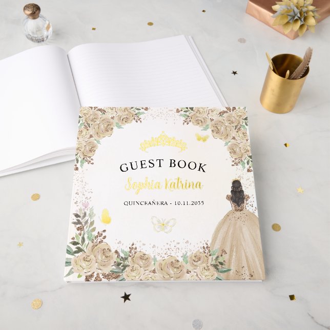 Libro De Visitas Floral Gold Princess Butterfly Tiara Quinceanera (Anverso Abierto)