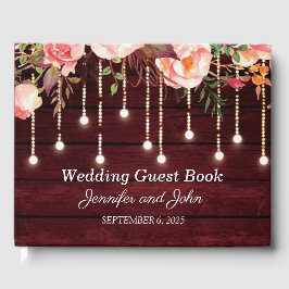 Libro De Visitas Floral Maroon Wooden Rustic Boda