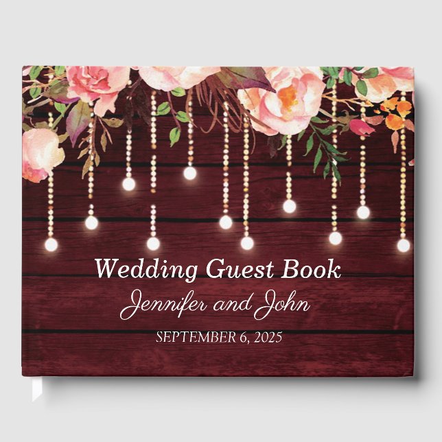 Libro De Visitas Floral Maroon Wooden Rustic Boda (Anverso)