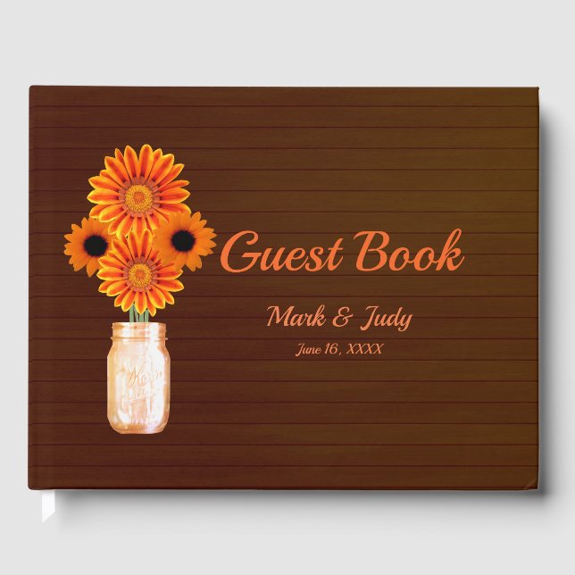 Libro De Visitas Floral Mason Jar Boda, Naranja ruso oscuro y  (Anverso)