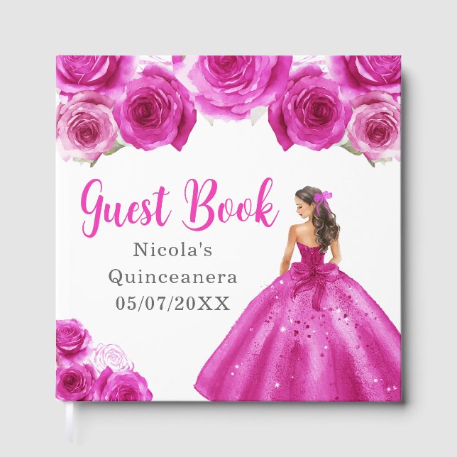 Libro De Visitas Floral Princess in Hot Pink Dress Quinceanera (Anverso)
