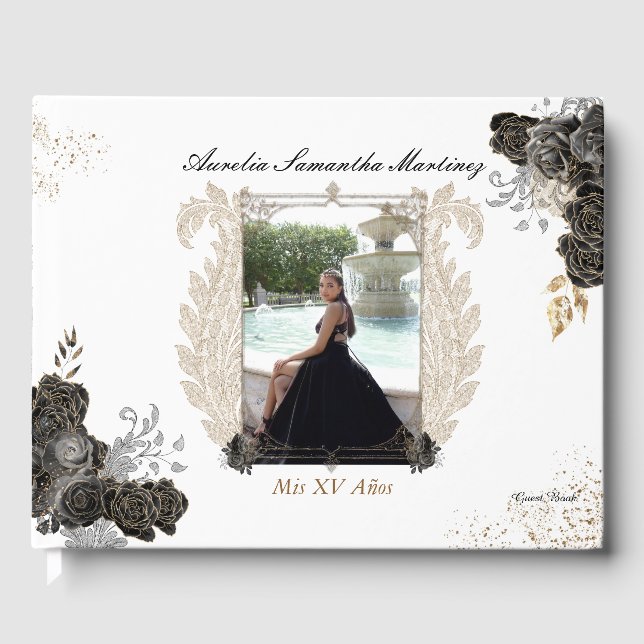 Libro De Visitas Floral Quinceañera Guest Book Black and Gold (Anverso)