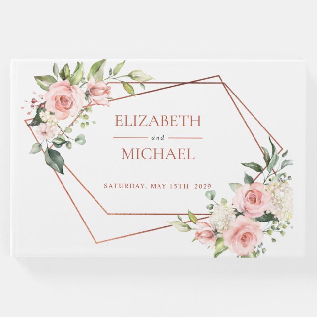 Libro De Visitas Floral rosa de cobre geométrico (Anverso)