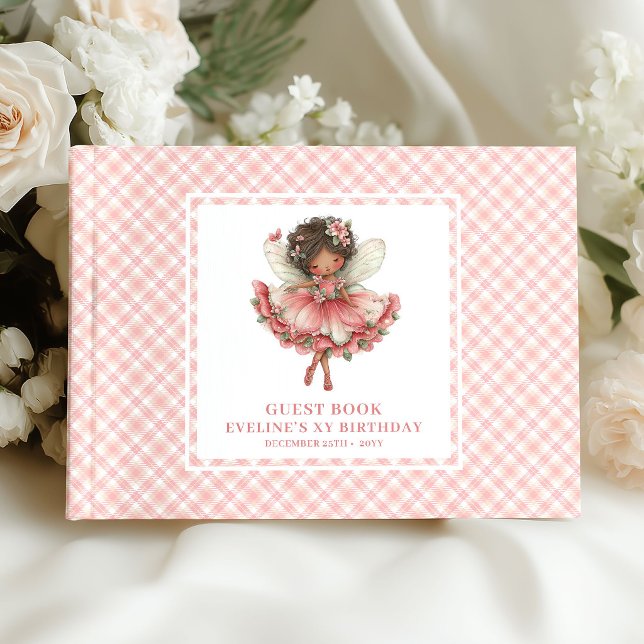 Libro de visitas floral rosa de cumpleaños de niña (Cute Fairy Girl Birthday Floral Pink Guestbook)