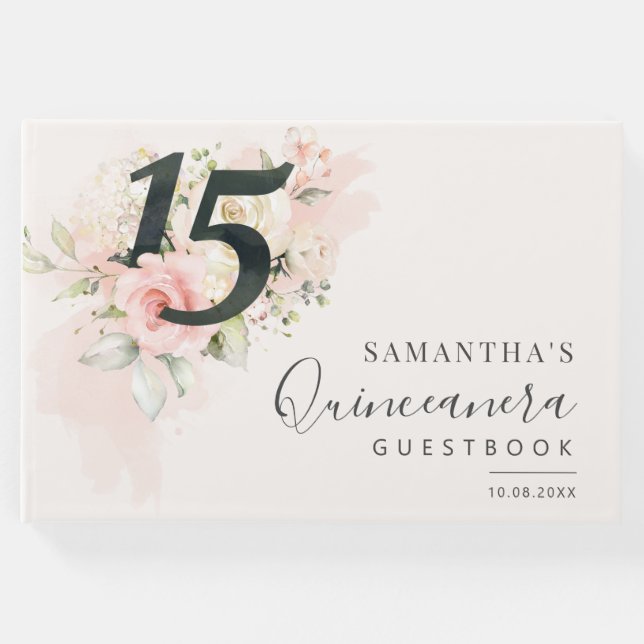 Libro De Visitas Floral rosa Quinto cumpleaños Qunceanera (Anverso)