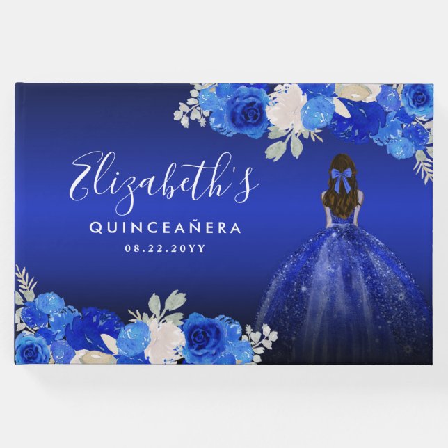Libro De Visitas Floral Royal Dark Blue Dress Cumpleaños Quinceaner (Anverso)