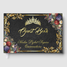 Libro De Visitas Floral, Tiara & Gold Leaves - Black