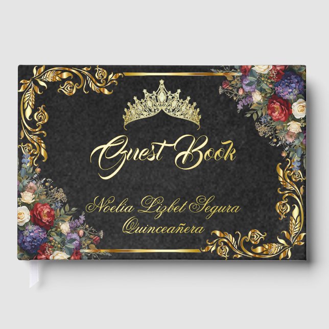 Libro De Visitas Floral, Tiara & Gold Leaves - Black (Anverso)