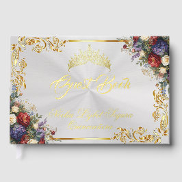 Libro De Visitas Floral, Tiara & Gold Leaves - White Pearl