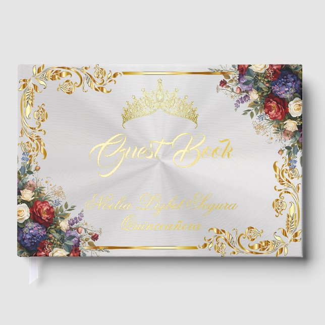 Libro De Visitas Floral, Tiara & Gold Leaves - White Pearl (Anverso)
