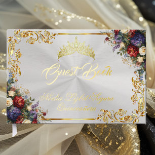 Libro De Visitas Floral, Tiara y Hojas de Oro - Perla Blanca