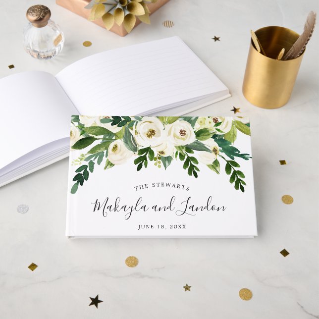 Libro De Visitas Floral vegetación Rosas Blancas Elegante Boda (Anverso Abierto)