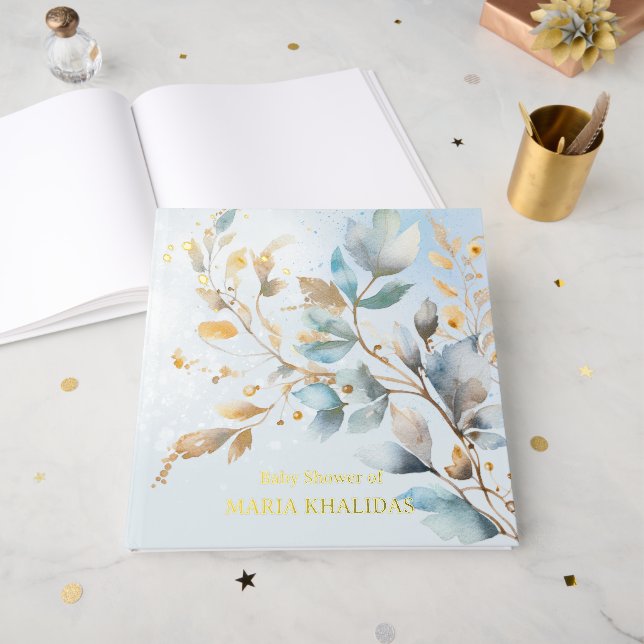 Libro De Visitas Floral Watercolor gold Baby Shower (Anverso Abierto)