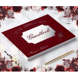 Libro De Visitas Floreciente 50 aniversario en burdeos y blanco