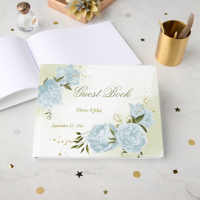 Libro De Visitas flores azules bonitos hojas verdes botánicas (Anverso Abierto)