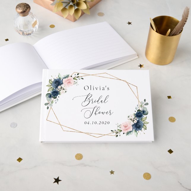 Libro De Visitas Flores azules de la marina, flores rosas, ducha de (Anverso Abierto)