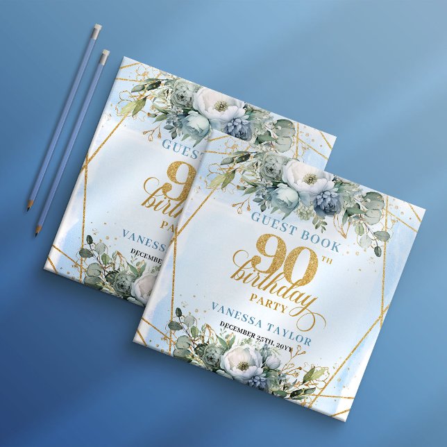 Libro De Visitas Flores Azules Polvorientas de Moda Marco Brillante (Trendy Dusty Blue Flowers Glitter Frame 90th Birthday Guest Book

)
