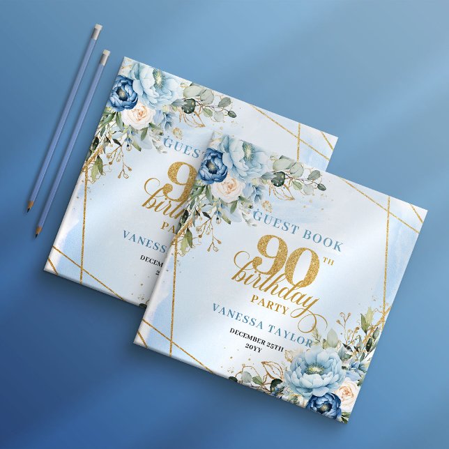Libro De Visitas Flores Azules Polvorientas Modernas Escritura Cump (Modern Dusty Blue Flowers Script 90th Birthday Guest Book

)