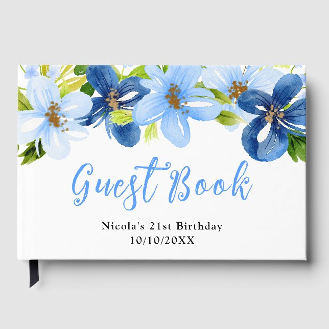 Libro De Visitas Flores azules y navy con cumpleaños de follaje (Anverso)
